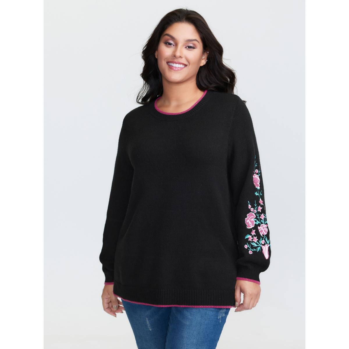 Plus Size Embroidered Sleeve Contrast Trim Pullover Black Women Leisure Loose Long Sleeve Round Neck Casual Pullovers BloomChic 30/6X Product Image