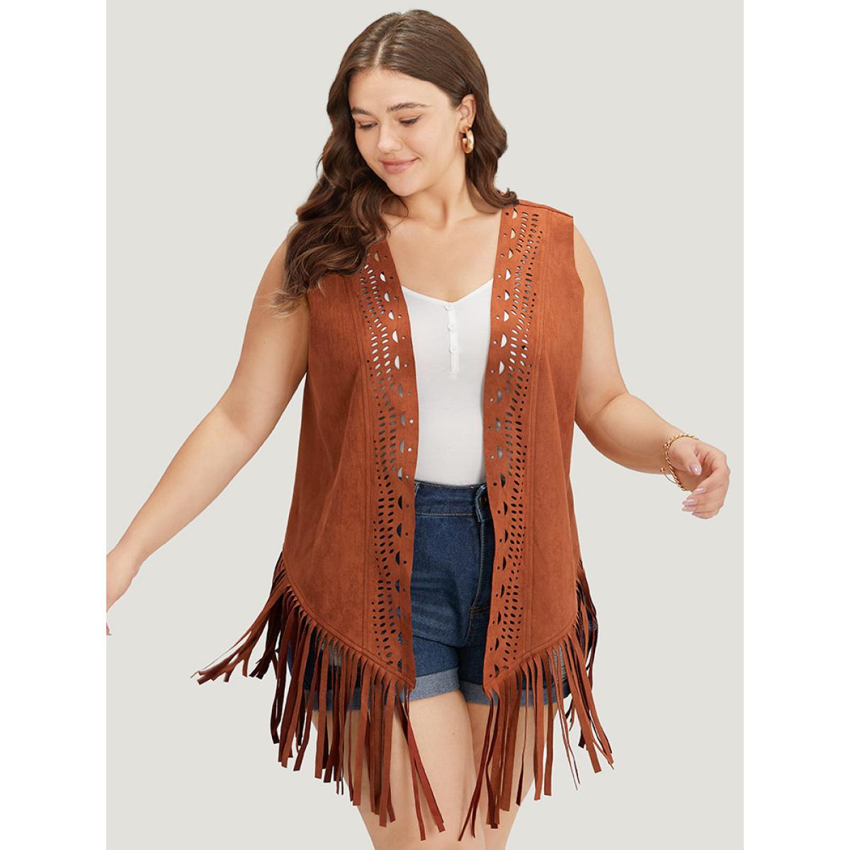 Plus Size Plain Laser Cut Tassel Trim Sleeveless Kimono Women Chocolate Vacation Tassels Dailywear Kimonos BloomChic 14-16/1X Product Image
