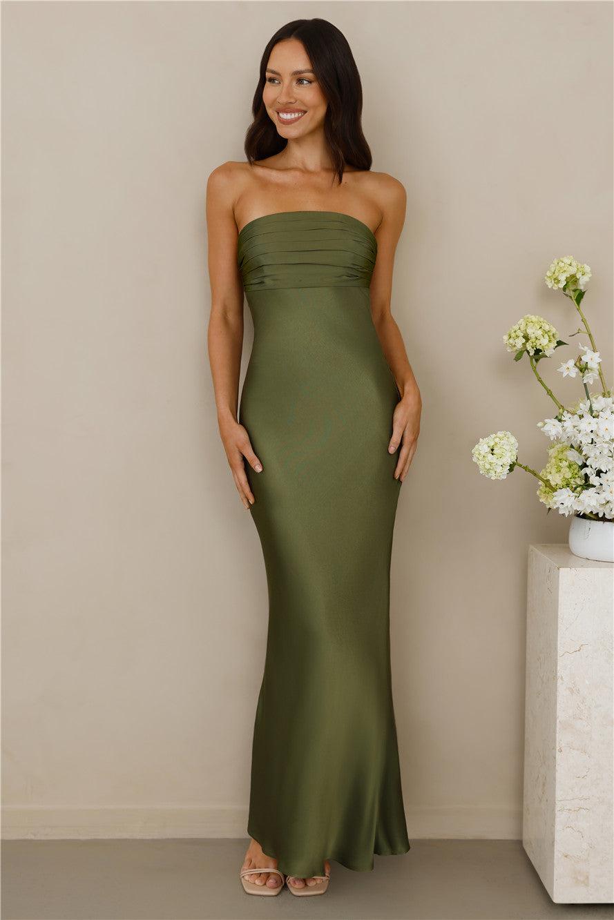 The Seraphina Strapless Satin Maxi Dress Olive Product Image
