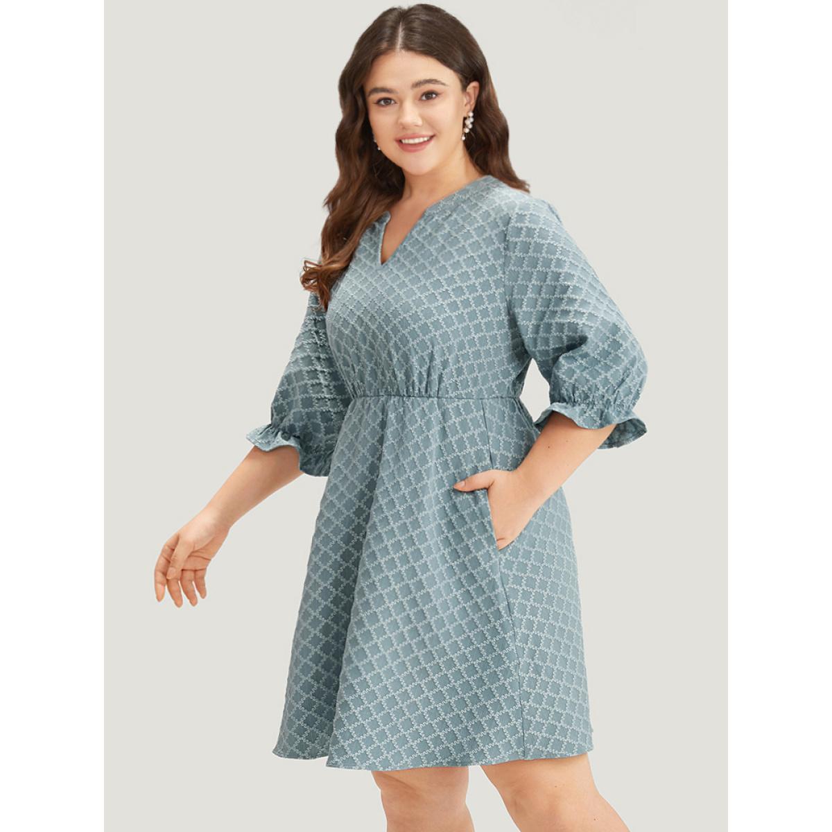 Plus Size Geo Plisse Pocket Lantern Sleeve Notched Dress Stone Women Office Elastic cuffs Notched collar Half Sleeve Curvy Knee Dress BloomChic 18-20/2X Product Image