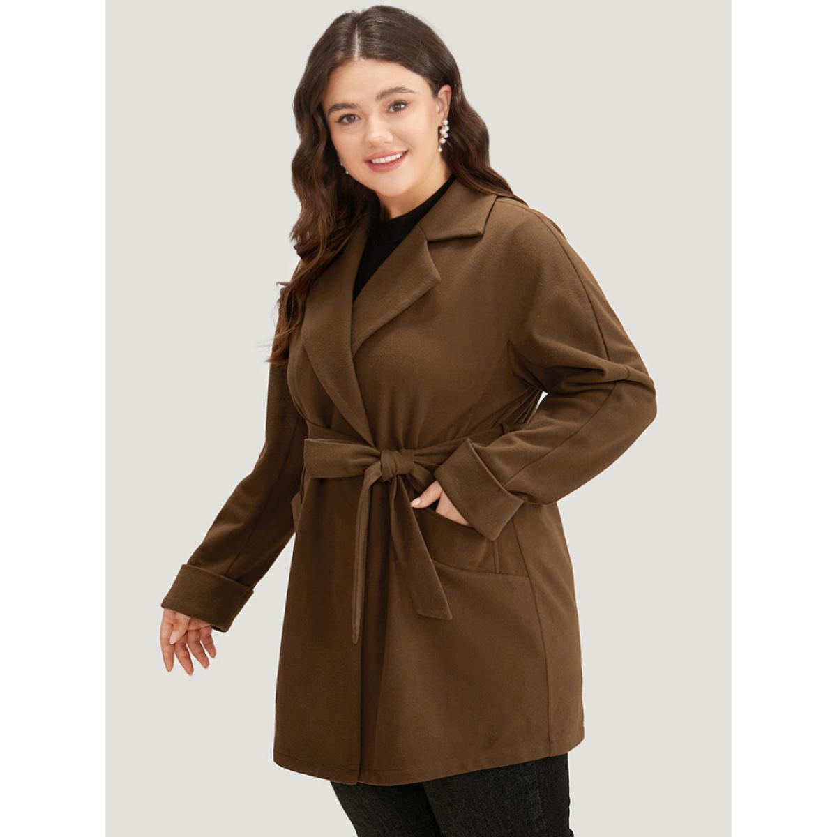 Plus Size Plain Lapel Collar Pocket Belted Coat Women DarkBrown Casual Plain Ladies Dailywear Winter Coats BloomChic 14-16/1X Product Image