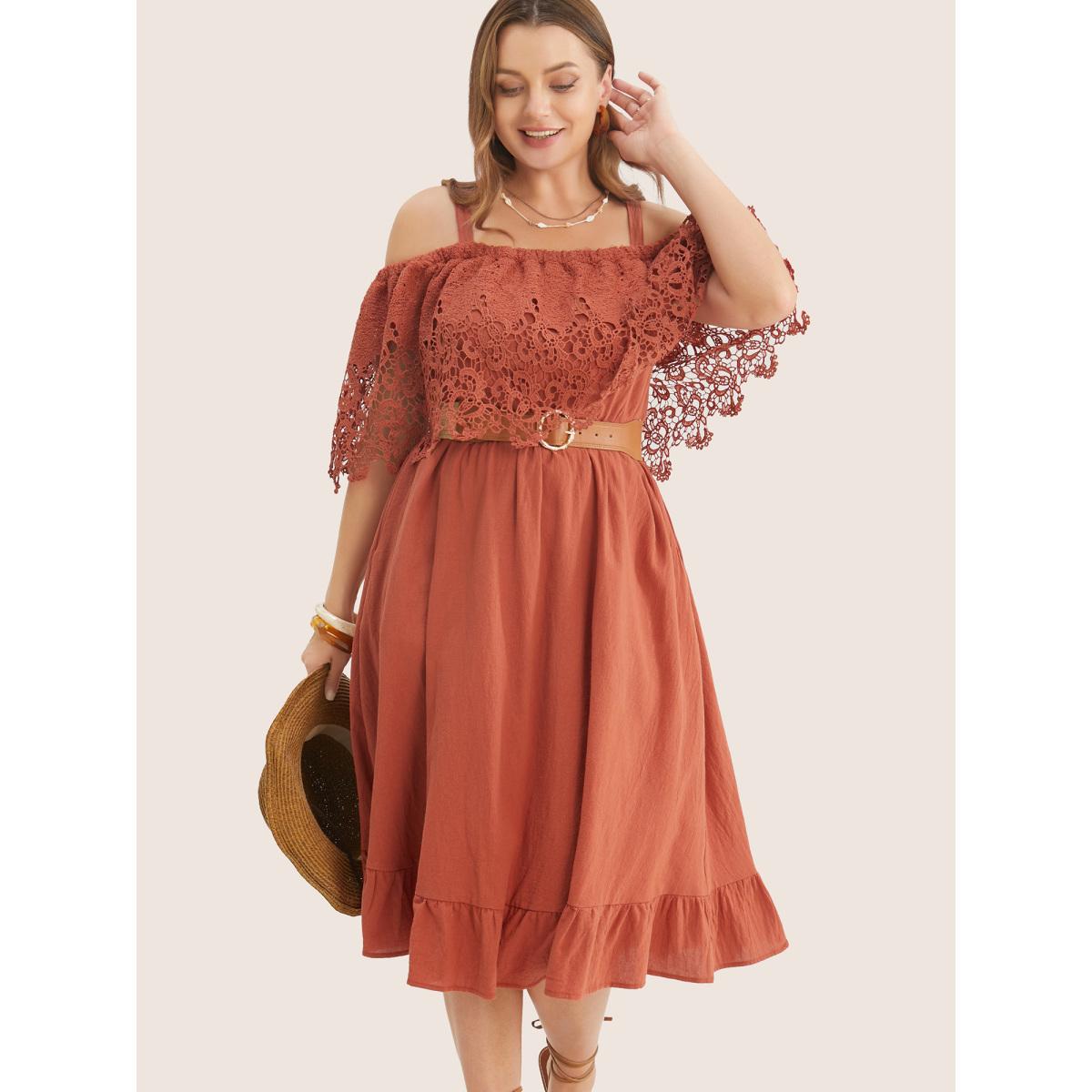 Plus Size Solid Cold Shoulder Contrast Lace Pocket Ruffle Hem Dress Chocolate Women Resort Broderie anglaise Non Short sleeve Curvy Midi Dress BloomChic 28/5X Product Image