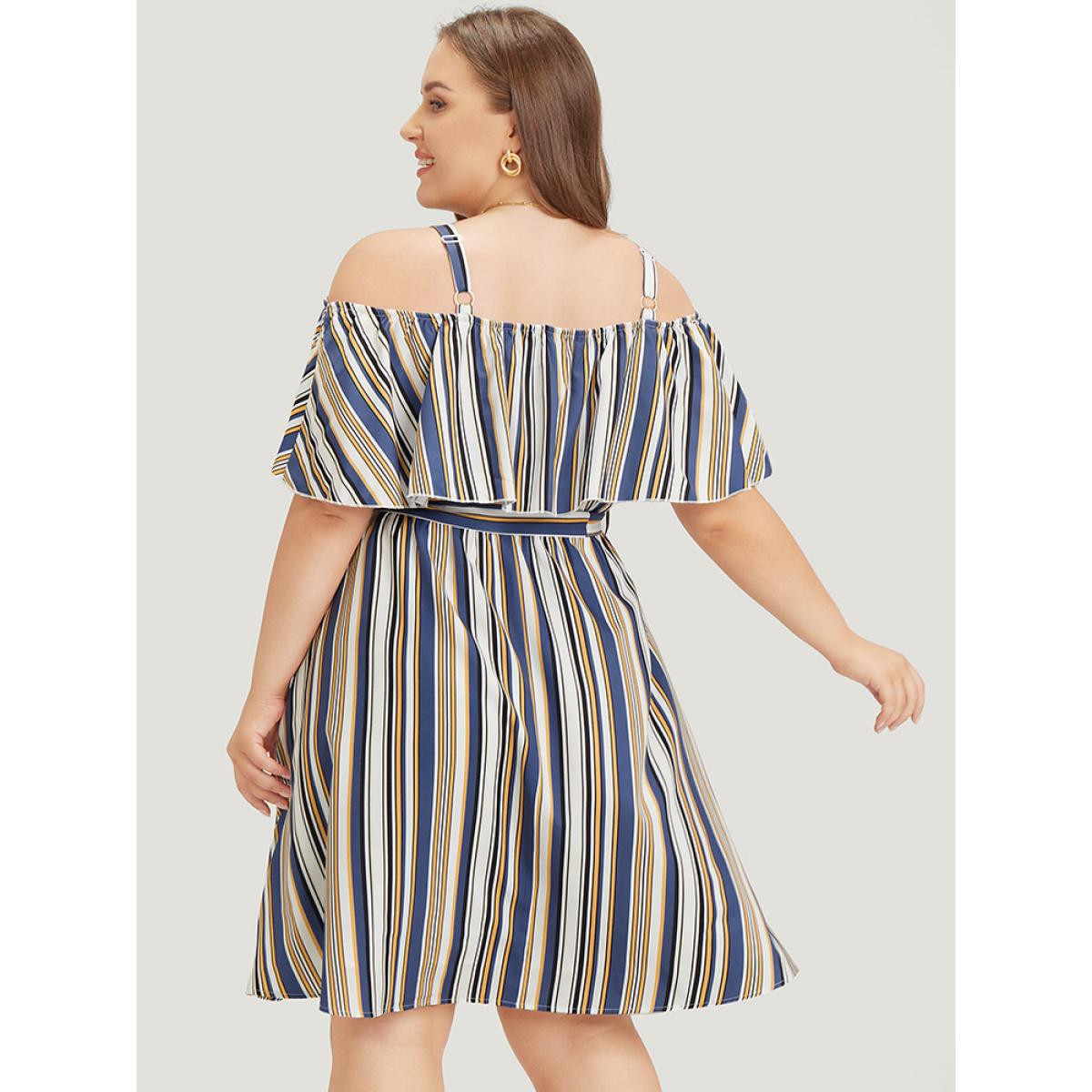 Plus Size Striped Cold Shoulder Belt Pocket Button Detail Dress Blue Women Vacation Adjustable Straps Spaghetti Strap Short sleeve Curvy Knee Dress BloomChic 18-20/2X Product Image