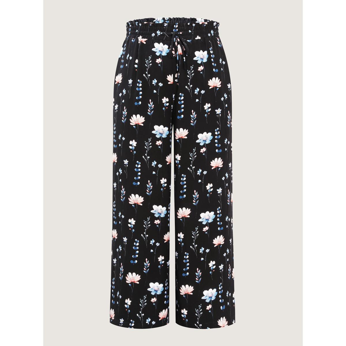 Plus Size Floral Print Drawstring Waist Loose Fit Pants Women BlackFlower Leisure Straight Leg Mid Rise Casual Pants BloomChic 18-20/2X Product Image