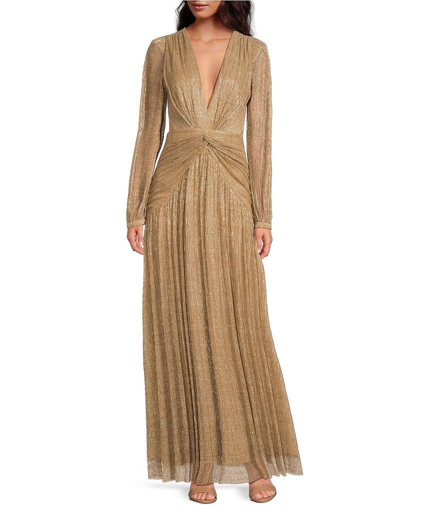 Gianni Bini Hazel Metallic Chiffon V-Neck Long Sleeve Cut Out Dress Product Image