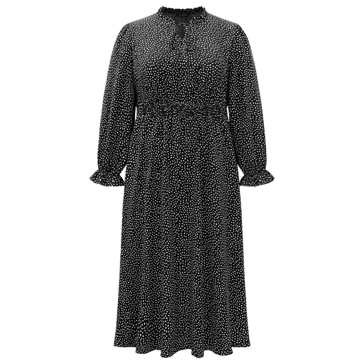 Plus Size Water Drop Print Shirred Frill Trim Tie Neck Dress BlackFlower Women Office Cross straps Tie Neck Long Sleeve Curvy Midi Dress BloomChic 18-20/2X Product Image