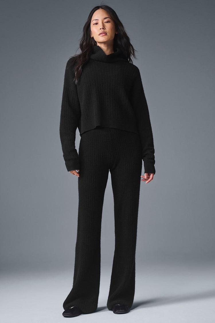 Cashmere Plush Waffle Turtleneck Pullover - Black Product Image