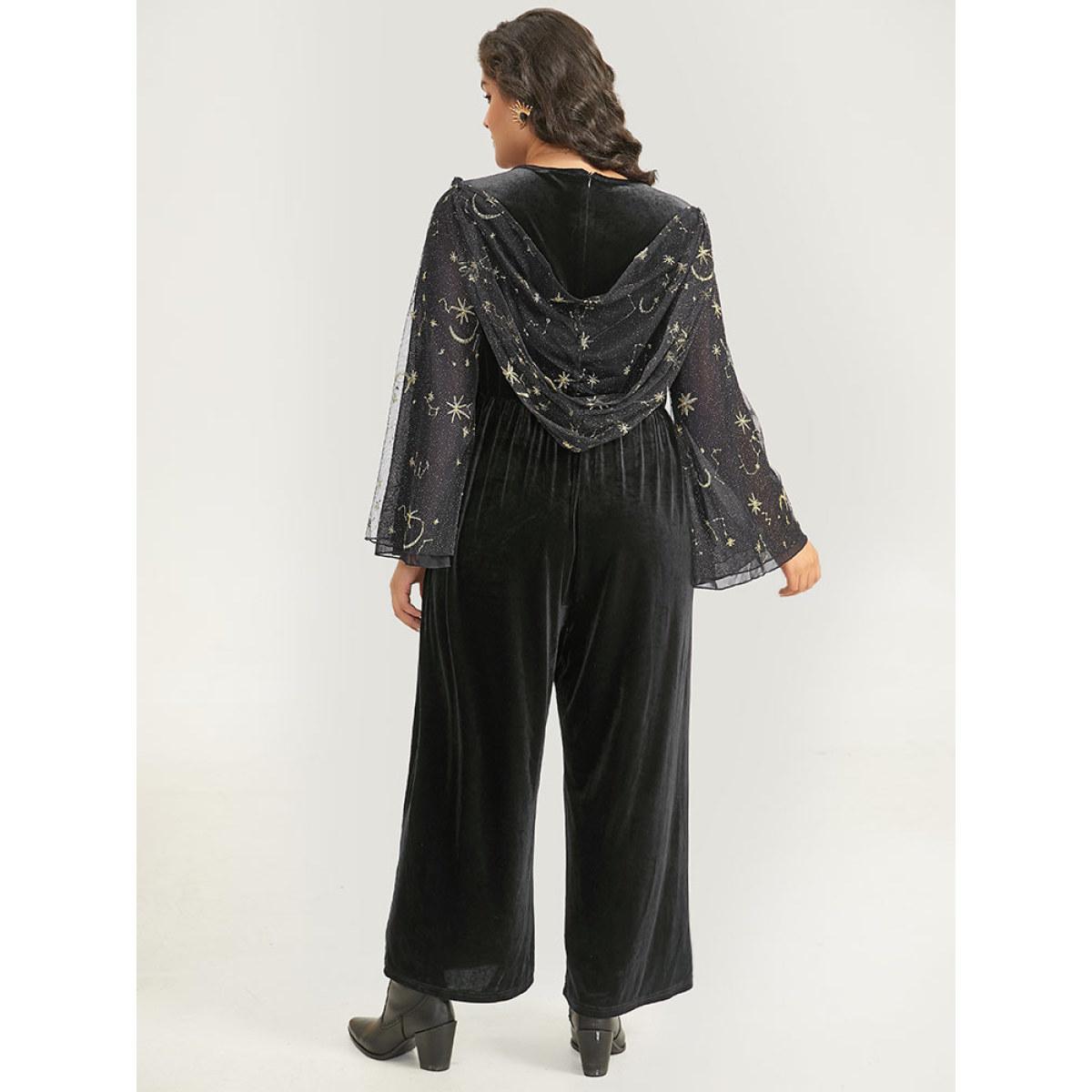 Plus Size Black Halloween Moon & Star Glitter Mesh Crisscross Neck Jumpsuit Women Elegant Long Sleeve Square Neck Festival-Halloween Loose Jumpsuits BloomChic 14-16/1X Product Image