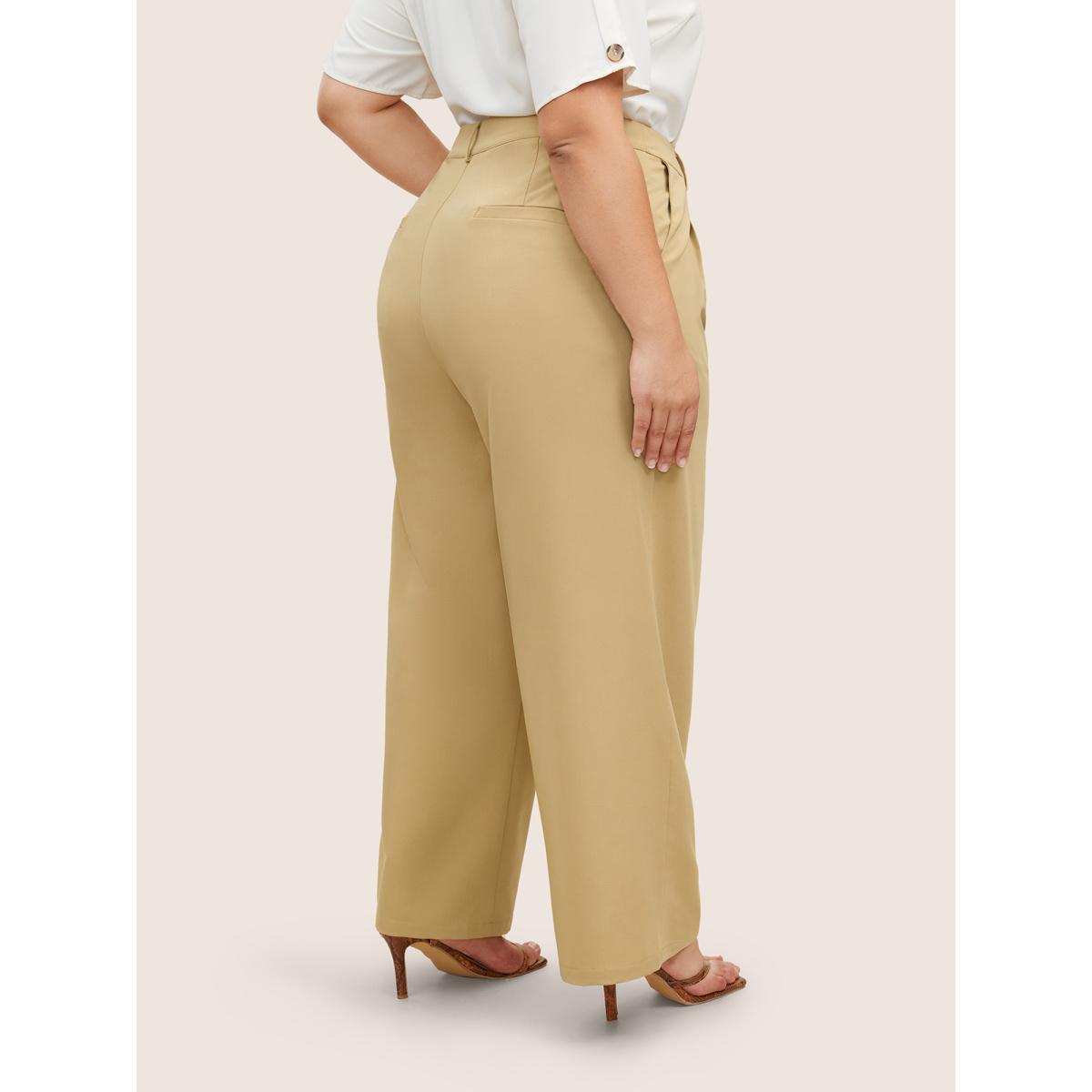 Plus Size Solid Pleated Slanted Pocket Wide Leg Pants Women Champagne At the Office Wide Leg High Rise Work Pants BloomChic 26/4X Product Image