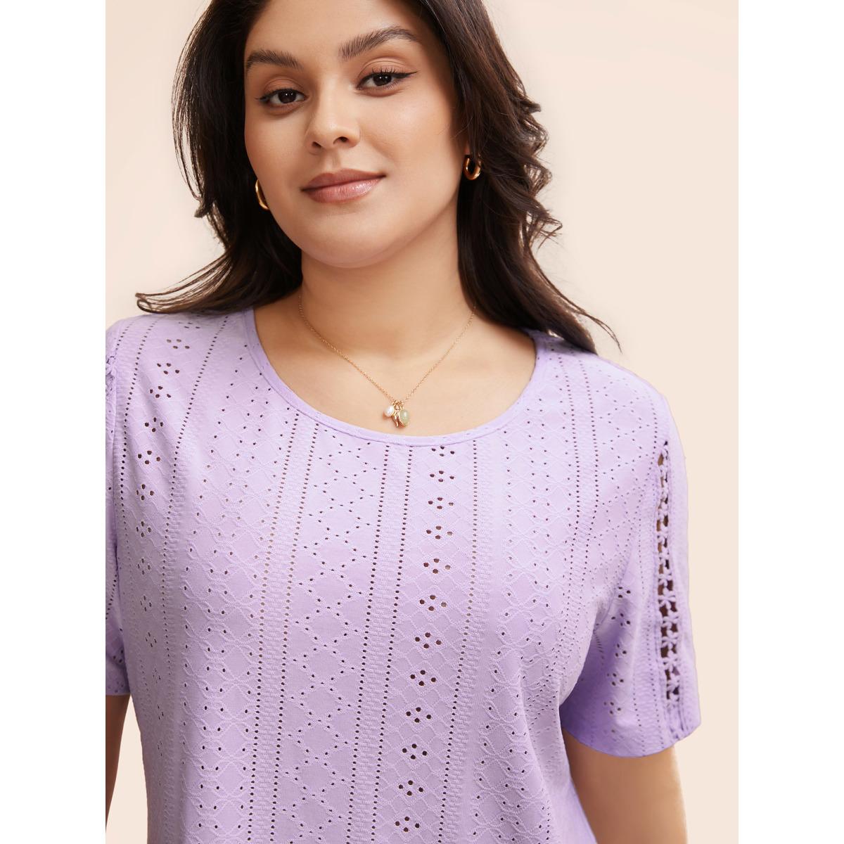 Plus Size Solid Round Neck Broderie Anglaise T-shirt Lavender Women Elegant Woven ribbon&lace trim Round Neck Everyday T-shirts BloomChic 12/L Product Image