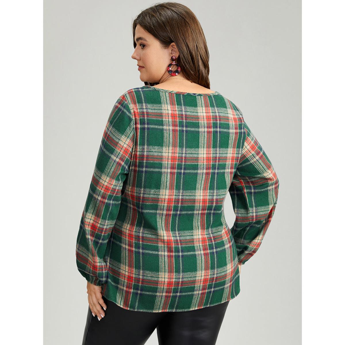 Plus Size DarkGreen Christmas Plaid Ties Lantern Sleeve Blouse Women Elegant Long Sleeve Round Neck Festival-Christmas Blouses BloomChic 30/6X Product Image