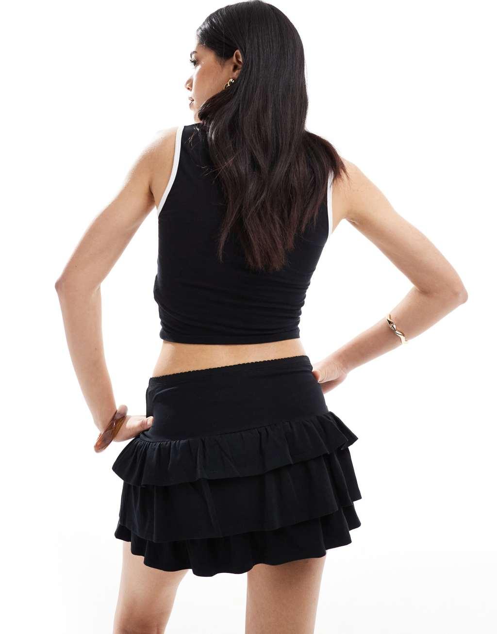 Miss Selfridge tiered mini skirt in black Product Image