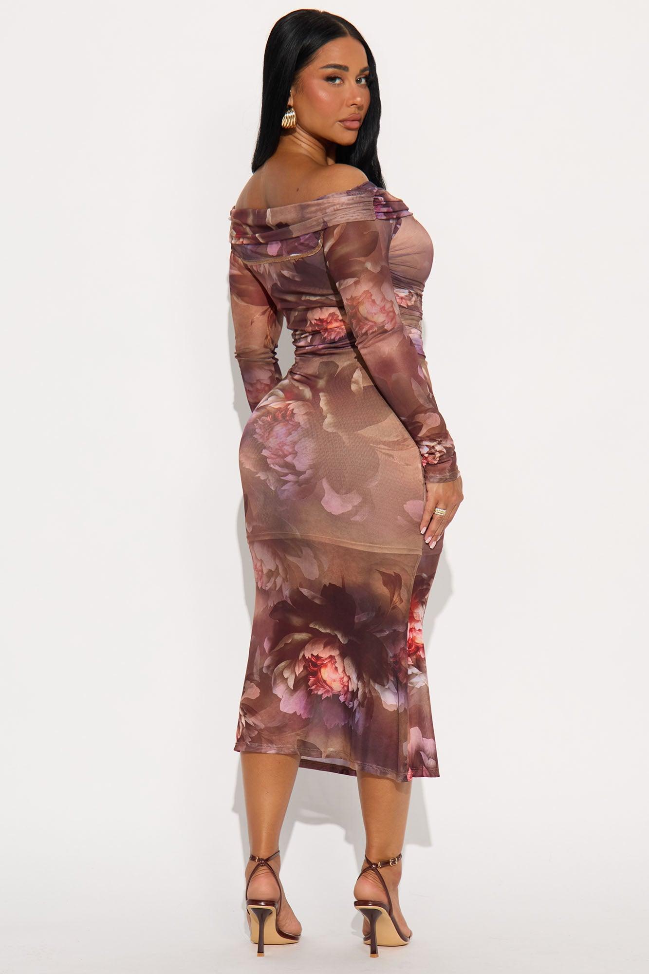 Madeline Floral Mesh Midi Dress - Brown/combo Female Product Image