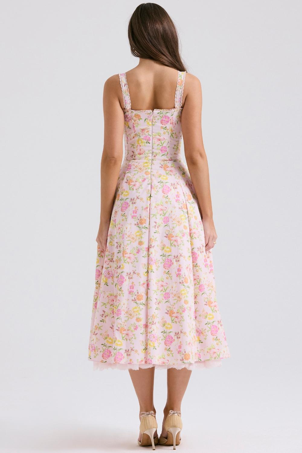 Rosalee  pink meadow print cotton bustier sundress Product Image