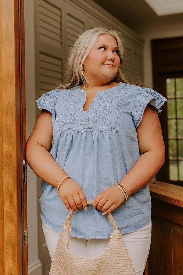 Farmers Market Cutie Embroidered Chambray Top in Light Wash Curves Product Image
