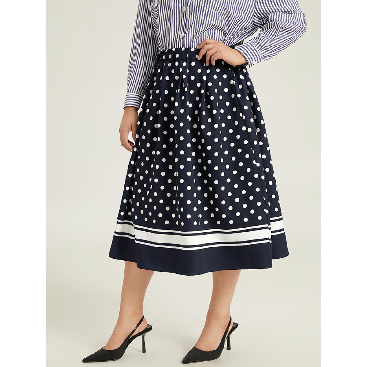 Plus Size Polka Dot Elastic Waist Contrast Skirt Women Indigo Office A-line No stretch Pocket Office Skirts BloomChic 30/6X Product Image