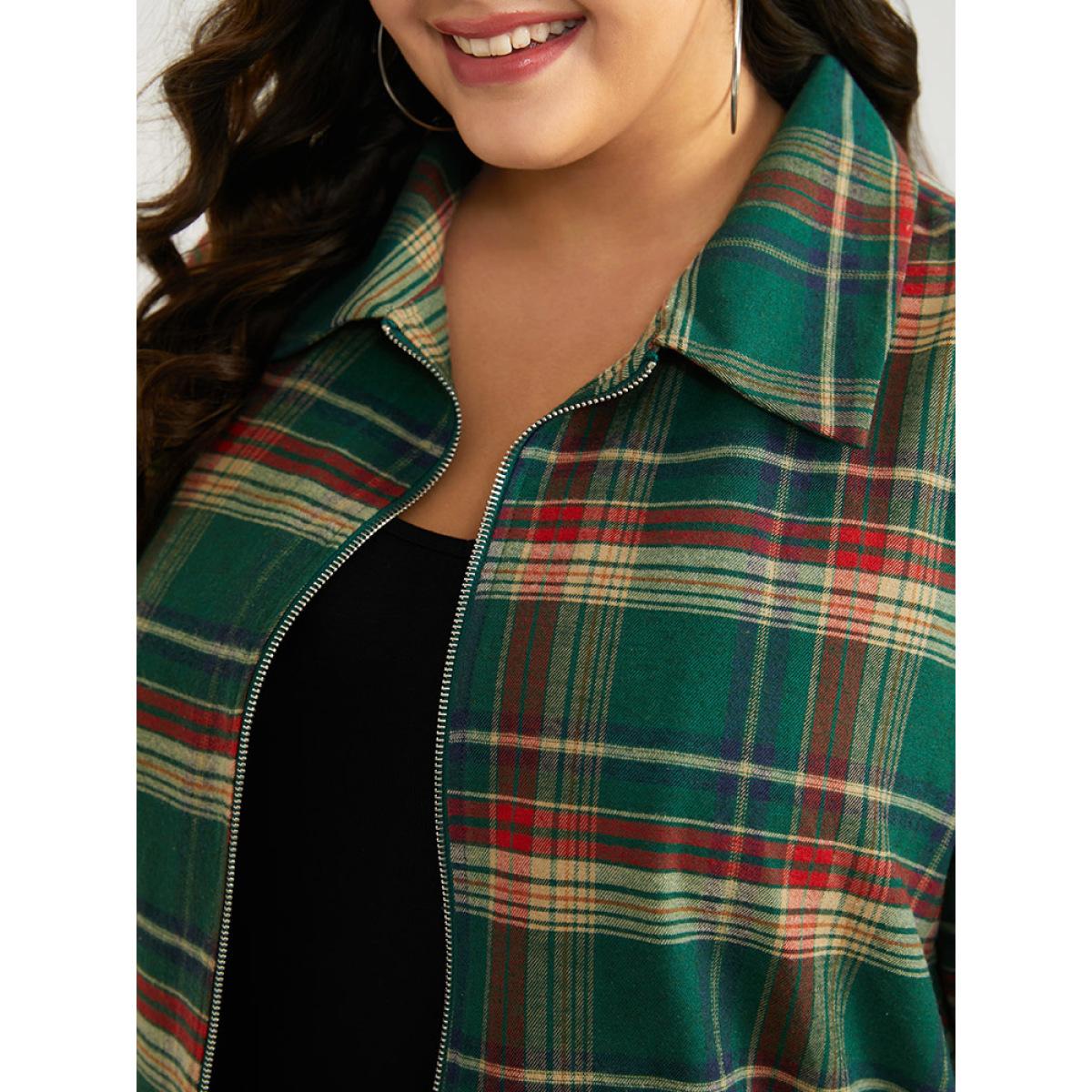 Plus Size Plaid Contrast Zipper Pocket Jacket Women Emerald Elastic cuffs Pocket Dailywear Jackets BloomChic 14-16/1X Product Image