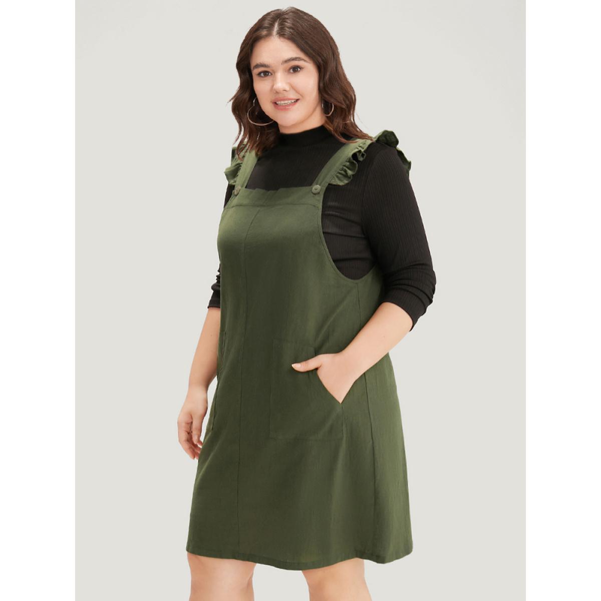 Plus Size Solid Square Neck Button Up Pocket Ruffle Trim Cami Dress ArmyGreen Women Casual Plain Spaghetti Strap Sleeveless Curvy Knee Dress BloomChic 10/M Product Image
