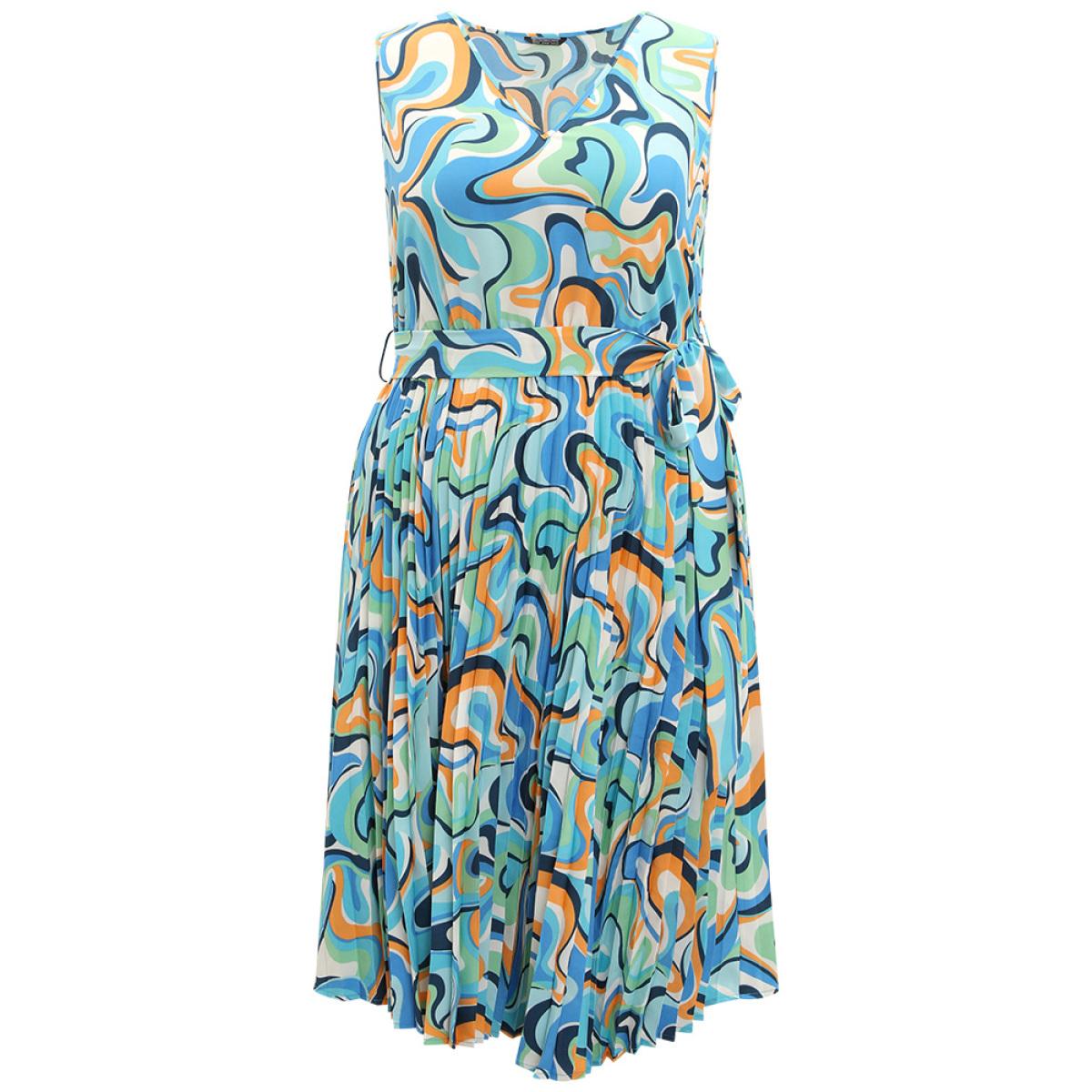 Plus Size Water Ripple Print V Neck Belted Plicated Detail Tank Dress Blue Women Elegant Belted V-neck Sleeveless Curvy Midi Dress BloomChic 18-20/2X Product Image