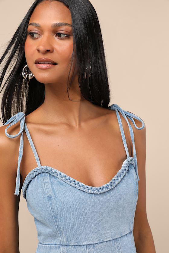 Kamda Light Wash Denim Tie-Strap Mini Dress Product Image