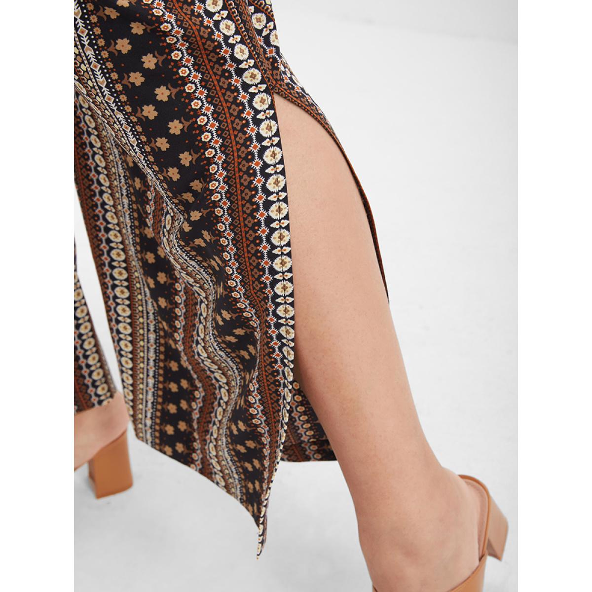 Plus Size Ditsy Floral Tassel Ties Front Pocket Split Pants Women Brown Vacation High Rise Dailywear Pants BloomChic 10/M Product Image