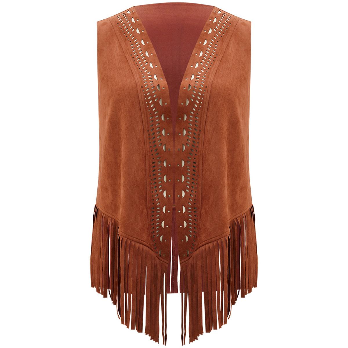 Plus Size Plain Laser Cut Tassel Trim Sleeveless Kimono Women Chocolate Vacation Tassels Dailywear Kimonos BloomChic 14-16/1X Product Image