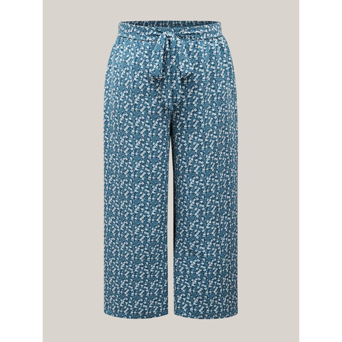 Plus Size Floral Print Belted Wide-Leg Pants Women Mediumblue Elegant Wide Leg Mid Rise Elegant Pants BloomChic 10/M Product Image
