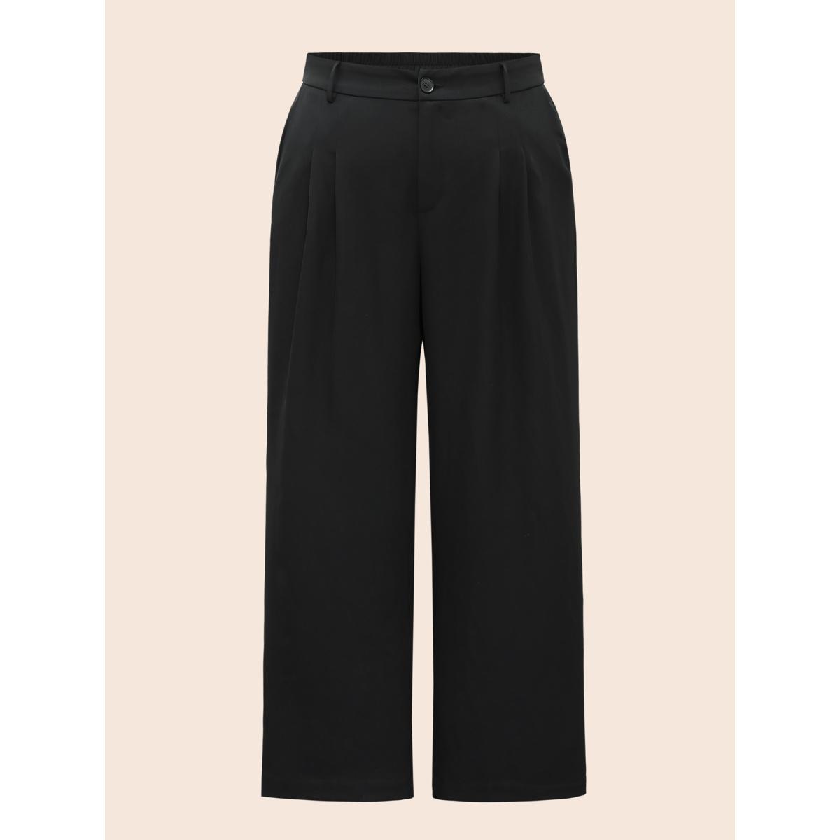 Plus Size Stretch Woven Pleated Elastic Waist Pants Women Black At the Office Wide Leg Mid Rise Office Pants BloomChic 12/L Product Image