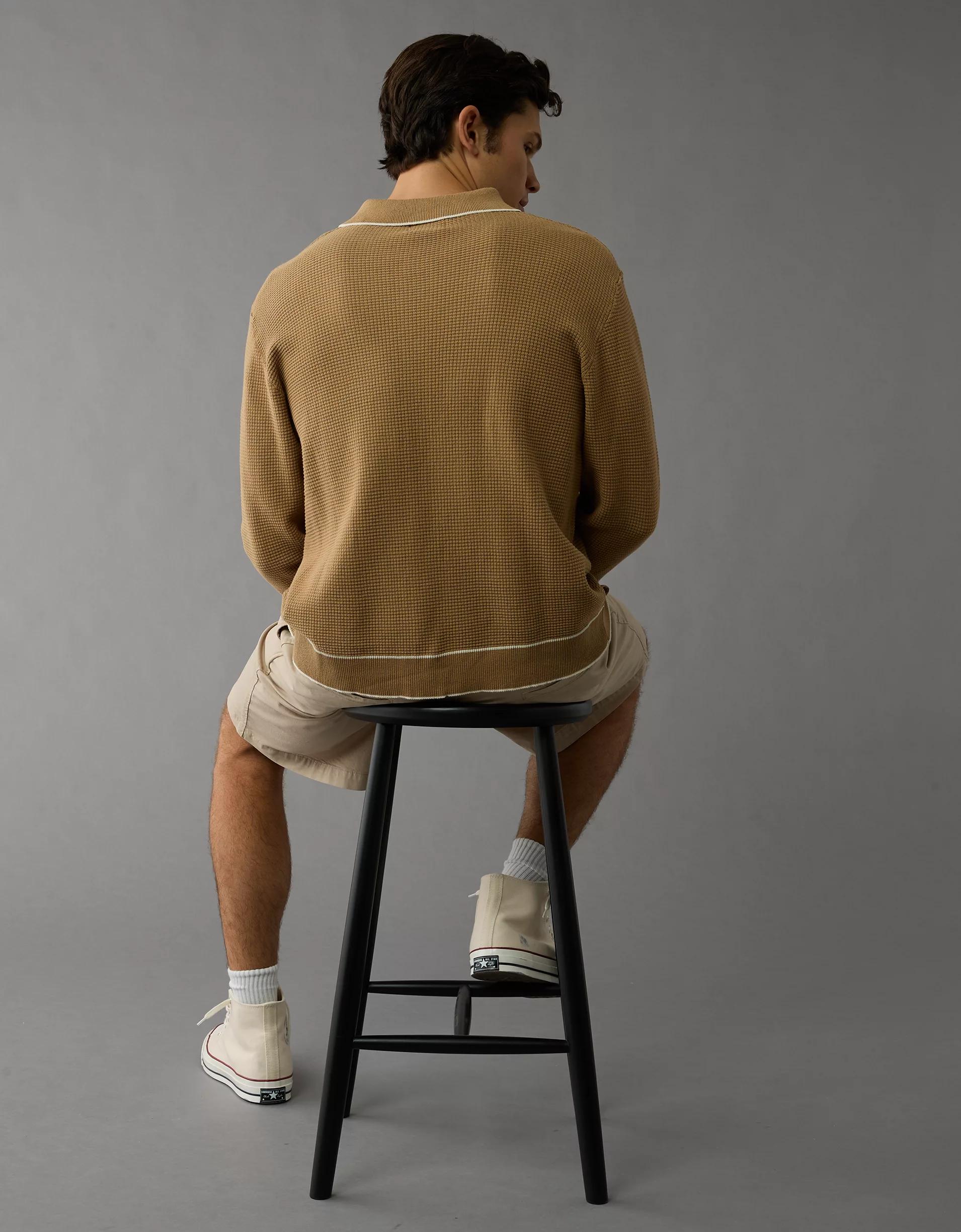 AE Long-Sleeve Tipped Waffle Sweater Polo Shirt Product Image