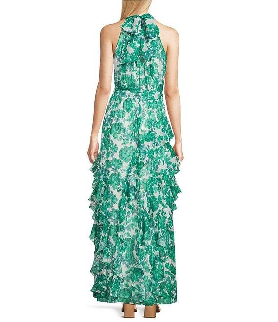Alex Marie Nina Floral Chiffon Halter Neck Sleeveless Tiered A-Line Dress Product Image