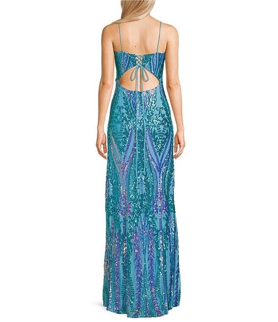 Blondie Nites Sequin Pattern Scoop Neck Spaghetti Strap Front Slit Tie Back Gown Product Image