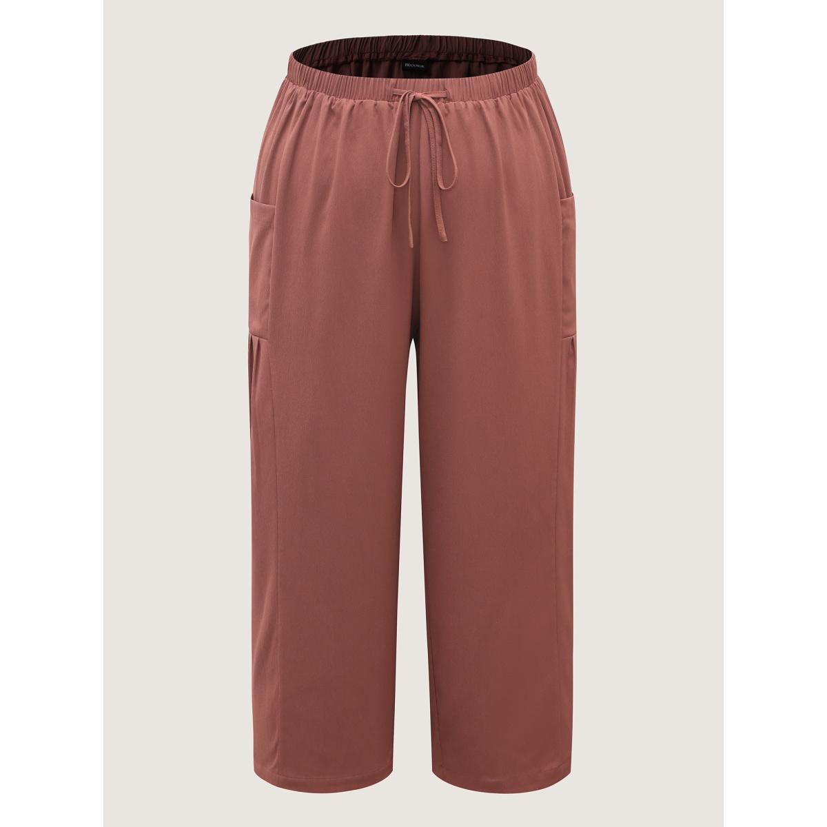 Plus Size Stretchy Pockets Waist-Tie Straight Pants Women Rust Boho Bodycon Mid Rise Vacation Pants BloomChic 28/5X Product Image