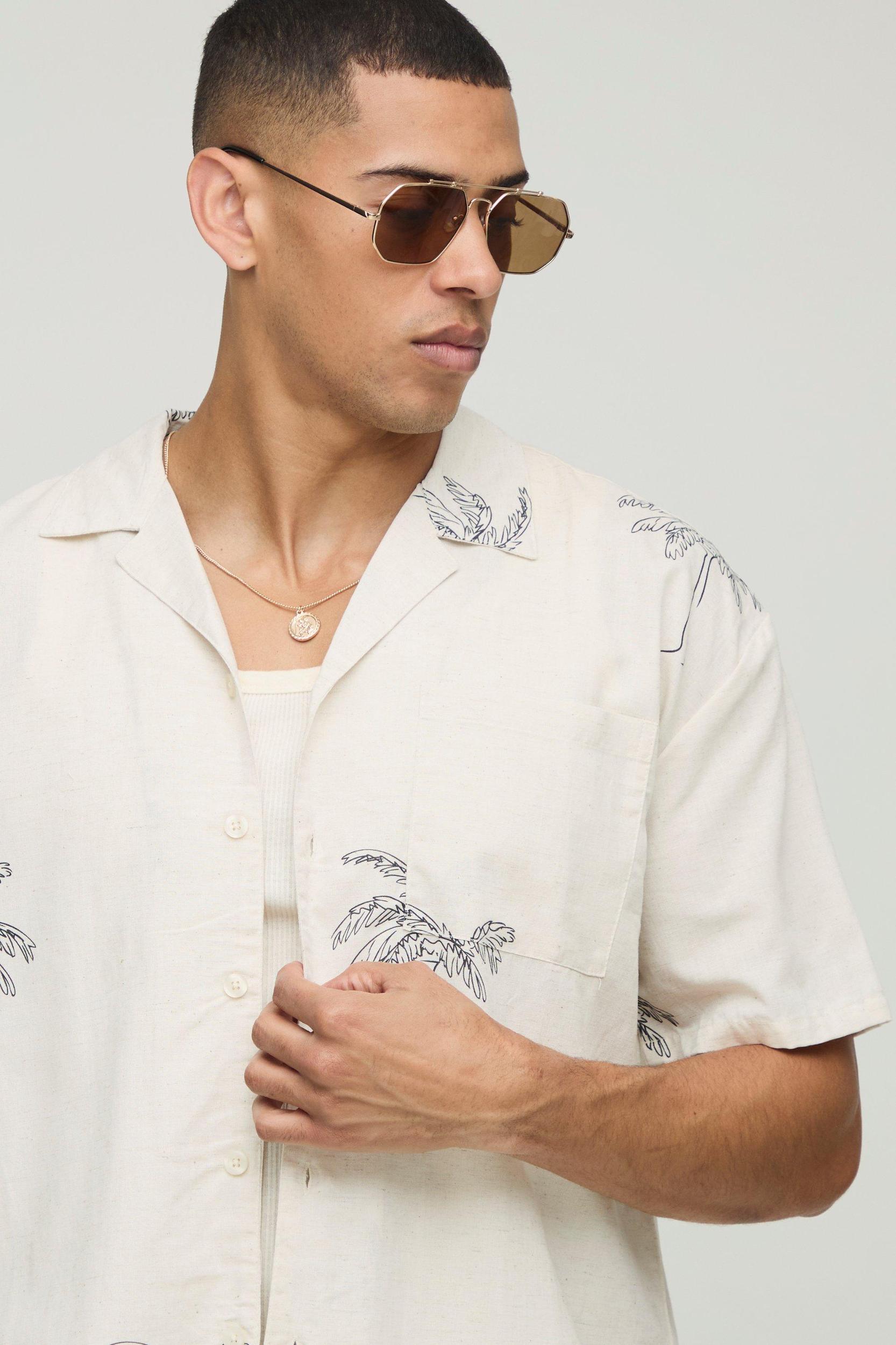 Oversized Linen Blend Palm Printed Short Sleeve Shirt | boohooMAN USA Product Image