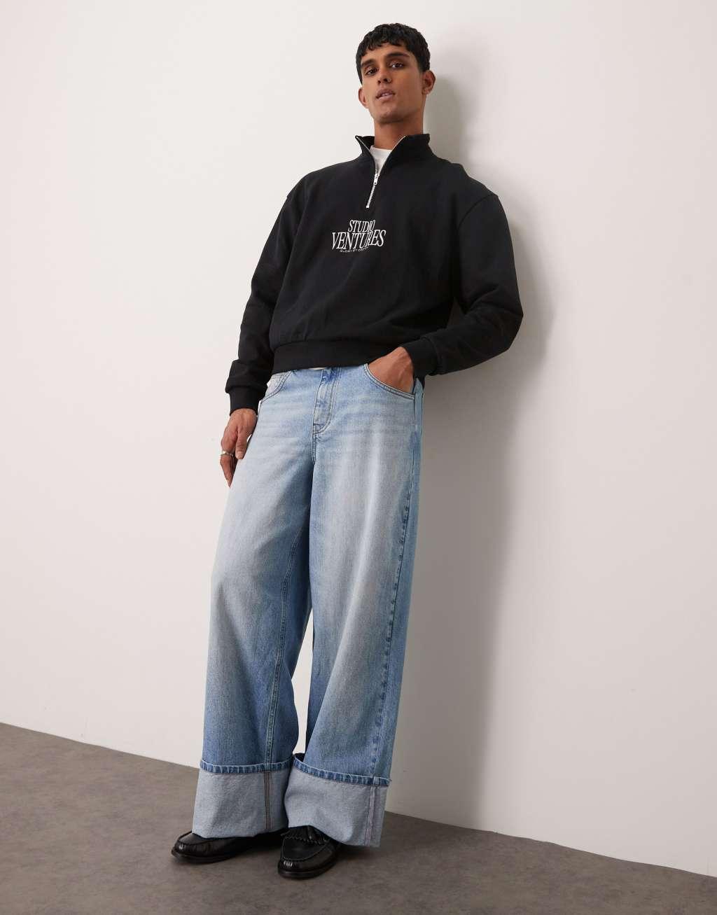 ASOS DESIGN boxy oversized funnel neck sweatshirt with chest print in black Product Image