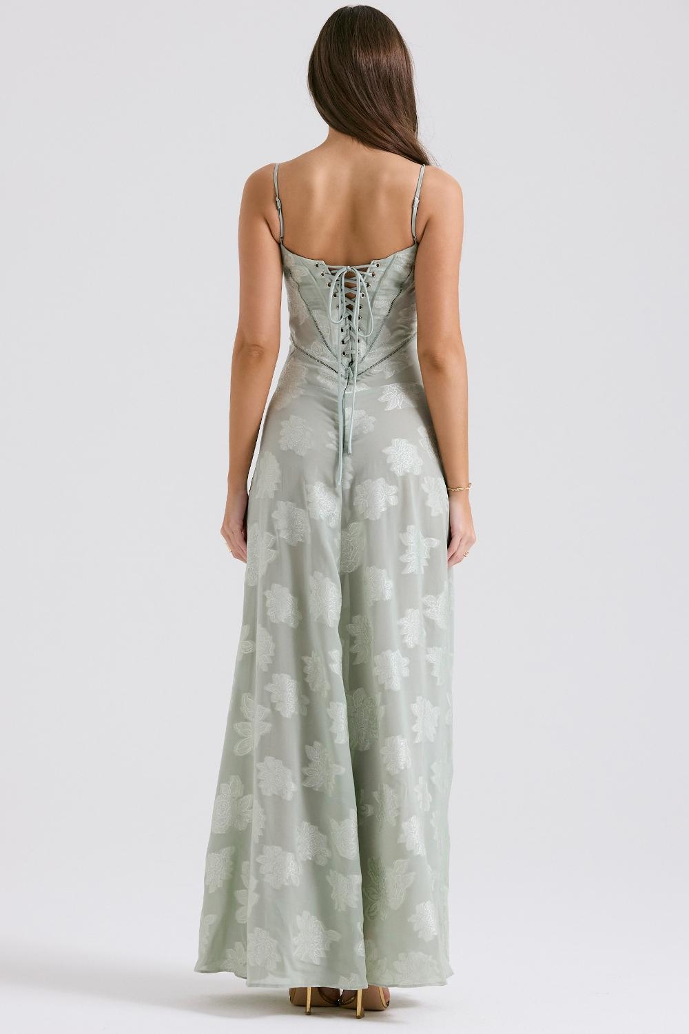 Seren  pistachio floral lace back maxi dress Product Image