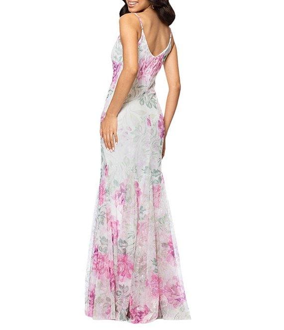 Betsy & Adam Sequin Floral Print V Neck Sleeveless Mermaid Gown Product Image