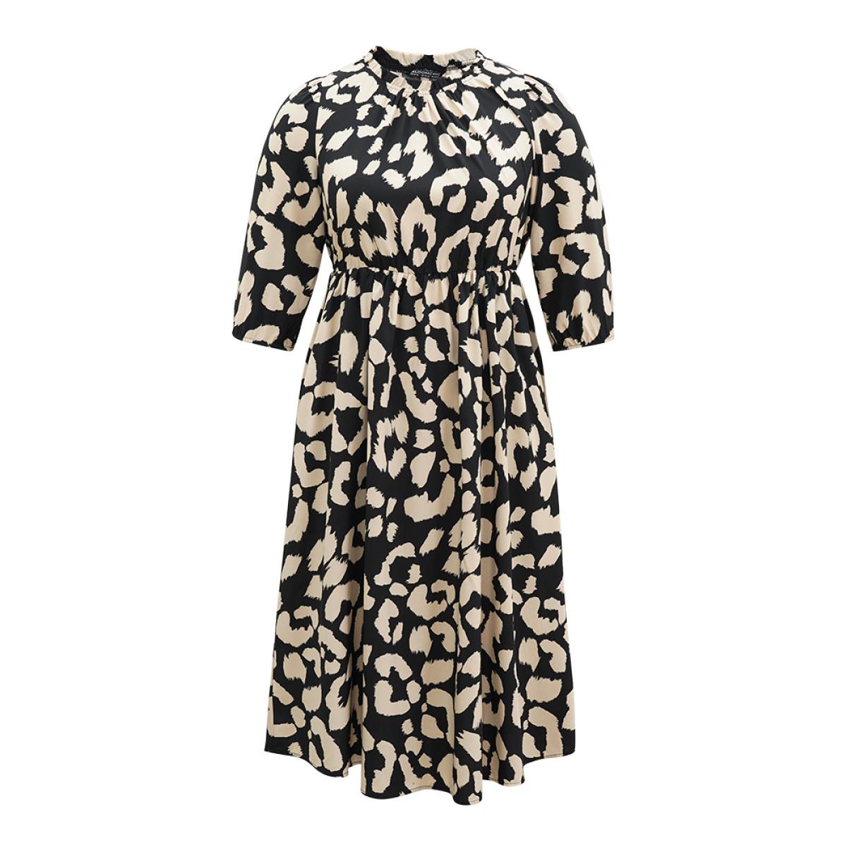 Plus Size Geometric Mock Neck Elastic Waist Pleated Dress DarkBrown Women Office Elastic cuffs Mock Neck Elbow-length sleeve Curvy Midi Dress BloomChic 30/6X Product Image