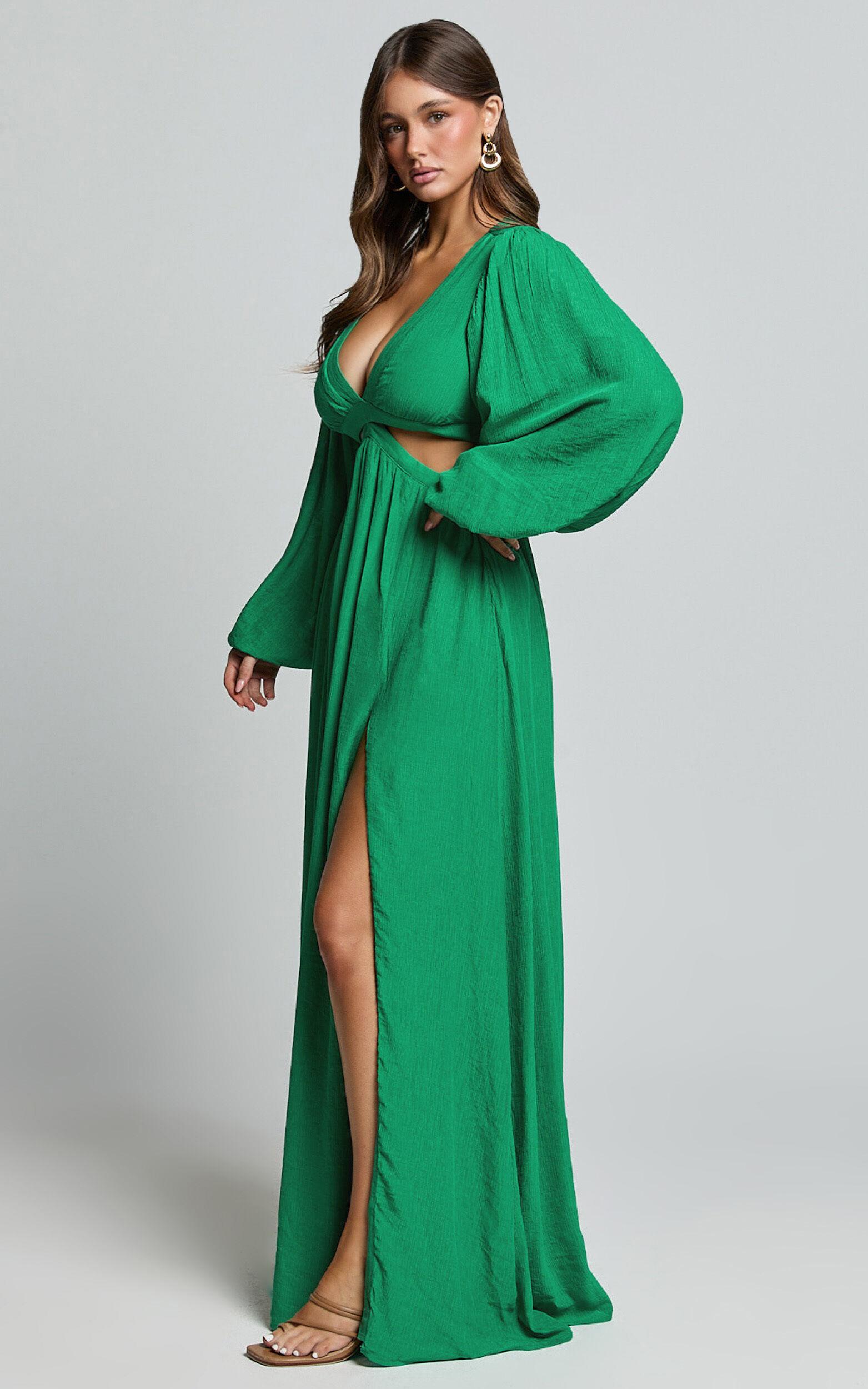 Paige Maxi Dress - Side Cut Out Balloon Sleeve Dress in Green Product Image