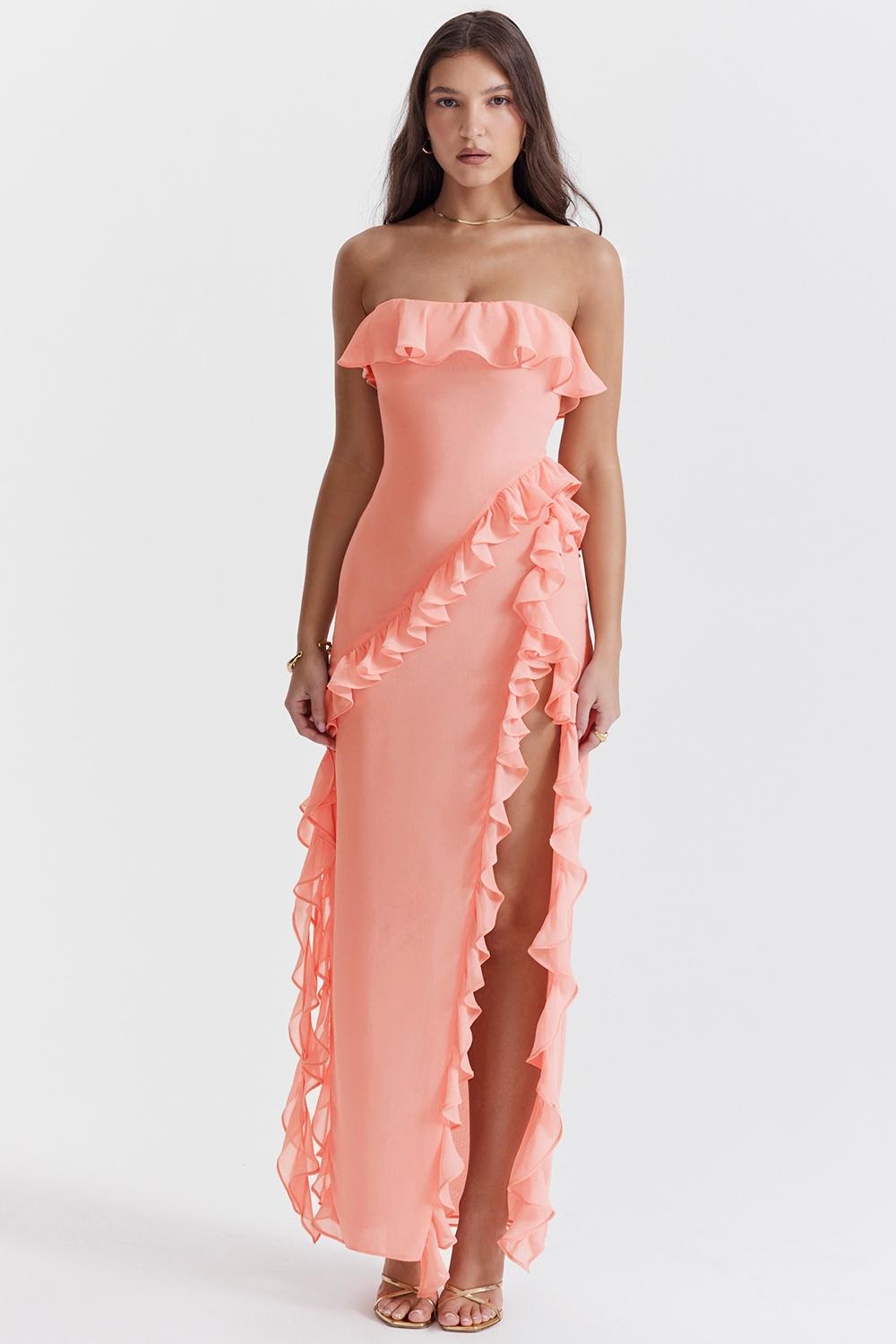 Sarina  apricot ruffle maxi dress Product Image