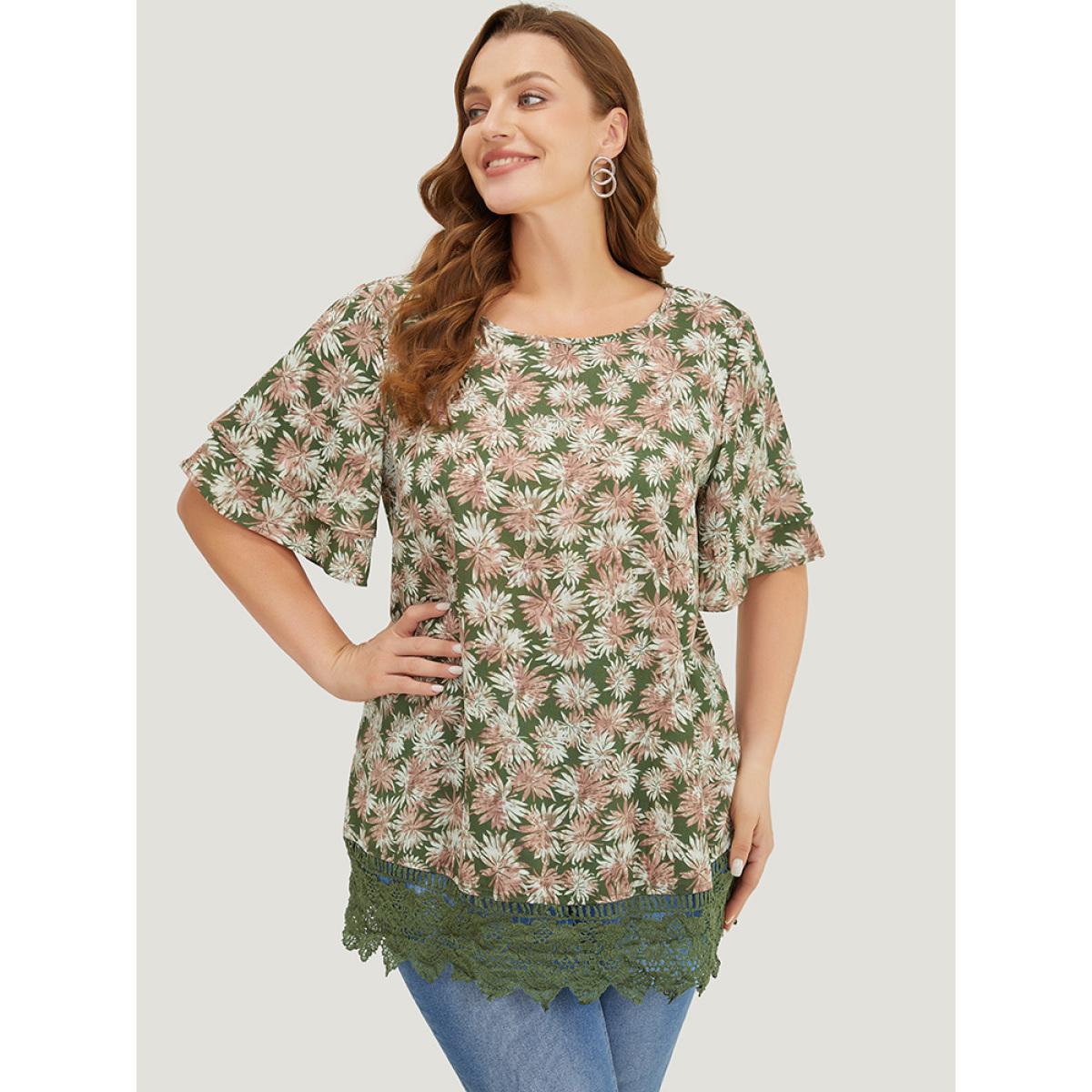 Plus Size Sage Plant Print Tiered Sleeve Lace Hem Blouse Women Vacation Short sleeve Round Neck Dailywear Blouses BloomChic 22-24/3X Product Image