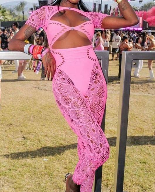 Short-Sleeve Cutout Lace Jumpsuit Product Image