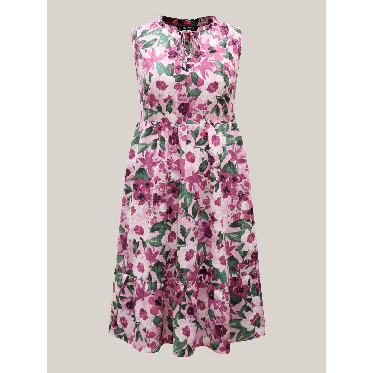 Plus Size Floral Print Cinched-Waist Pockets Midi Dress Lilac Women Timeless Notched collar Sleeveless Curvy BloomChic 28/5X Product Image