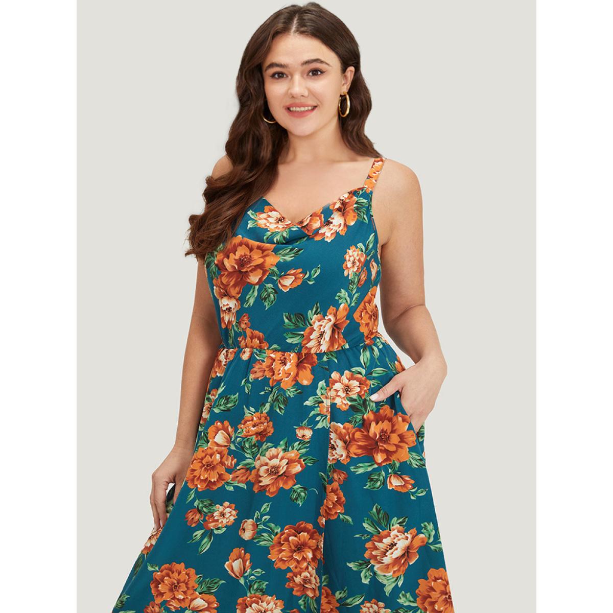 Plus Size Floral Print Cowl Neck Pocket Cami Dress Cyan Women Elegant Adjustable Straps Spaghetti Strap Sleeveless Curvy Midi Dress BloomChic 18-20/2X Product Image