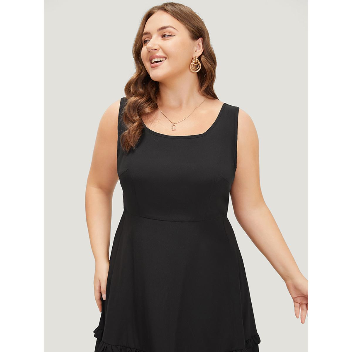 Plus Size Plain Ruffle Trim Pocket Layered Hem Tank Dress Black Women Elegant Round Neck Sleeveless Curvy Midi Dress BloomChic 26/4X Product Image