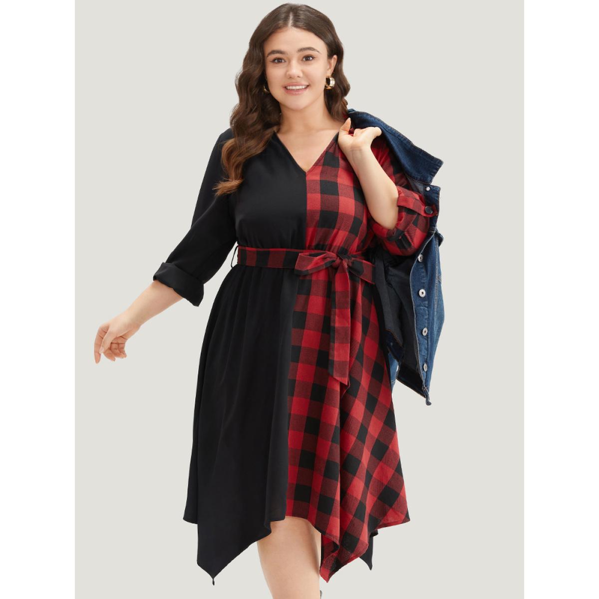Plus Size Plaid Patchwork Belted Hanky Hem Dress Black Women Casual Belted V-neck Long Sleeve Curvy Midi Dress BloomChic 12/L Product Image