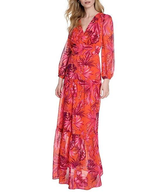 Eliza J Metallic Chiffon Tropical Print V-Neck Long Sleeve Tiered A-Line Maxi Dress Product Image