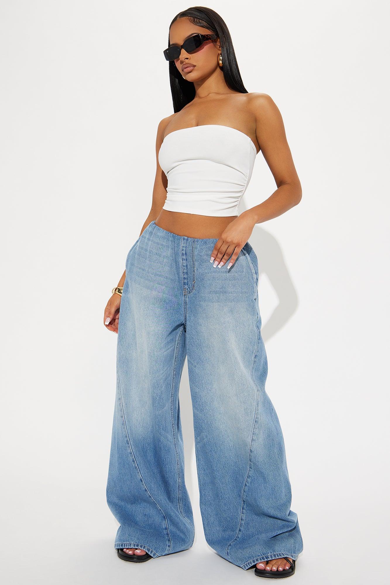 Janessa Cutoff Waistband Wide Leg Jeans - Medium Wash Product Image