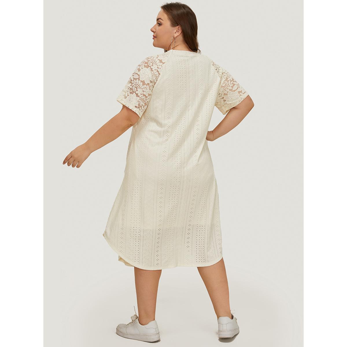 Plus Size Plain Lace Sleeve Pocket Arc Hem Broderie Anglaise Dress Beige Women Casual Lined Round Neck Short sleeve Curvy Midi Dress BloomChic 22-24/3X Product Image