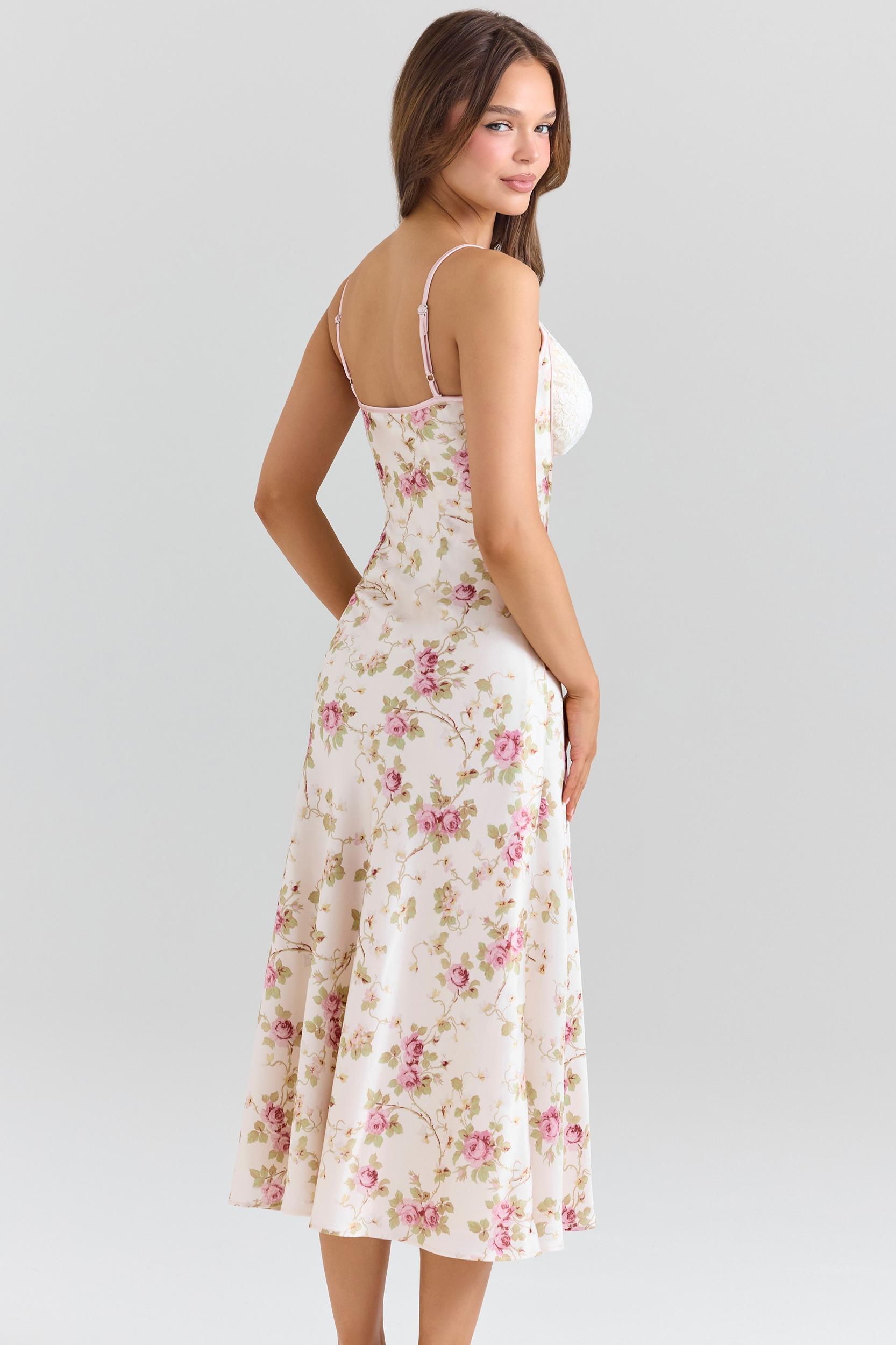 Felicity  ivory floral print satin bias cut midi dress Product Image