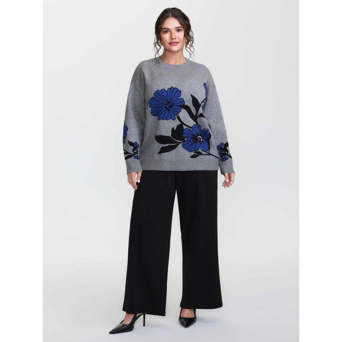 Plus Size Supersoft Floral Round Neck Pullover Mediumgray Women Timeless Loose Long Sleeve Round Neck Elegant Pullovers BloomChic 22-24/3X Product Image